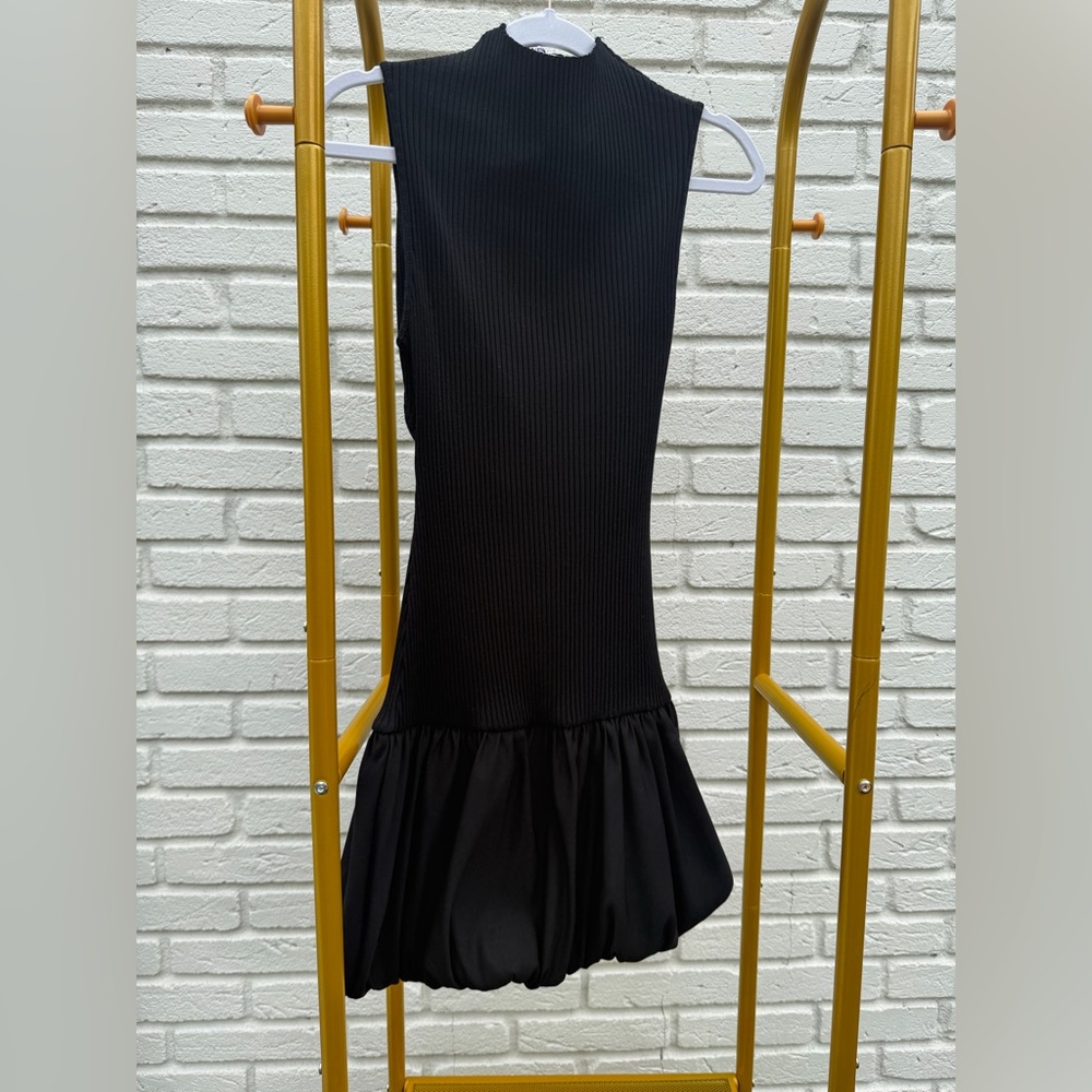 Zara Black Ribbed Mini Dress with Bubble Hem